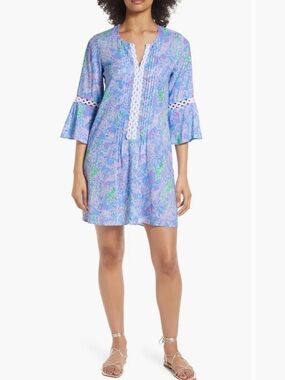 Lilly Pulitzer Hollie Blue Floral Tunic Dress with Lace Trim Size XL